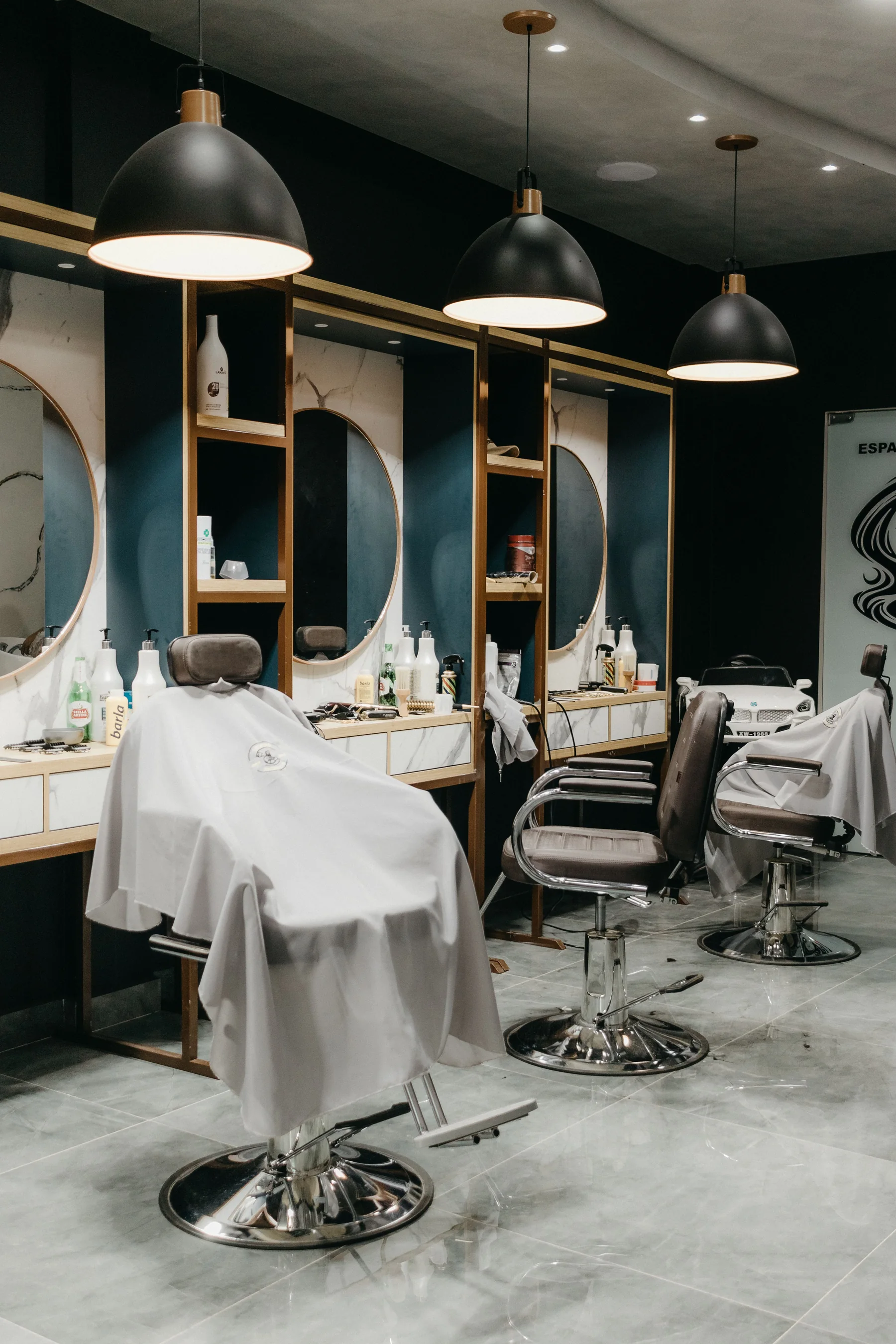Styling chairs and mirrors in a salon interior; editorial illustration